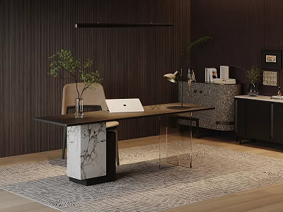 Modern Study Room Interior With Dark Wooden Walls Black Desk Marble Base And Green Plant 3d model