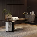Modern Study Room Interior With Dark Wooden Walls Black Desk Marble Base And Green Plant
