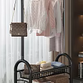 Modern Interior With Clothes Rack Hanging Garments Basket Storage Bookshelf Trophies And Curtains