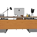 Modern Wooden Office Desk With Gray Cabinets Chair Lamp Clock Plant And Photo Frames