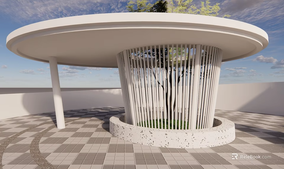 Modern Circular Outdoor Pavilion With White Vertical Slats And Central Tree On Checkerboard Tiles 3d model 