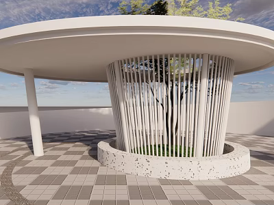 Modern Circular Outdoor Pavilion With White Vertical Slats And Central Tree On Checkerboard Tiles 3d model