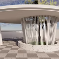 Modern Circular Outdoor Pavilion With White Vertical Slats And Central Tree On Checkerboard Tiles