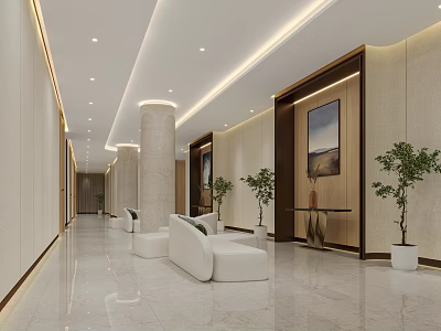Hotel Corridor Modern Design Featuring Marble Floor White Sofas Green Plants Paintings And Recessed Lighting 3d model