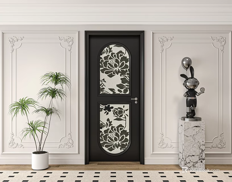 Modern Hinged Door with Patterned Glass Panel on White Wall with Decorative Moldings Interior Decor 3d model