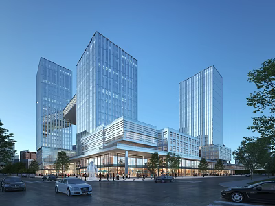 Modern Tall Office Buildings With Glass Curtain Walls And Surrounding Pedestrians Cars And Trees 3d model