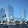 Modern Tall Office Buildings With Glass Curtain Walls And Surrounding Pedestrians Cars And Trees