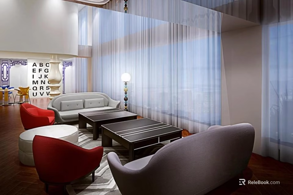 Modern Living Room Interior With Sofa Coffee Table Set Red Chairs Curtains And Alphabet Art 3d model 