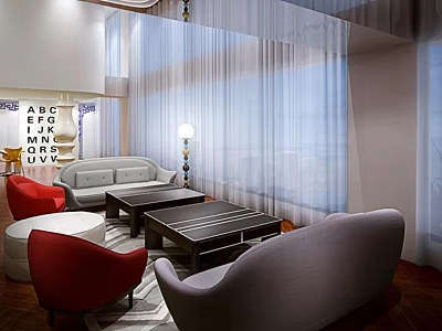 Modern Living Room Interior With Sofa Coffee Table Set Red Chairs Curtains And Alphabet Art 3d model