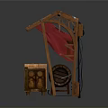 Modern Wooden Market Stall Setup With Blue Glass Windows And Emblem Chest