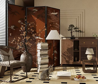 Modern Wooden Entryway Console Cabinet And Side Cabinet With Vase Books And Plant 3d model
