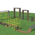 Outdoor Playground Equipment With Wooden Pathway Metal Climbing Frames And Door shaped Structures
