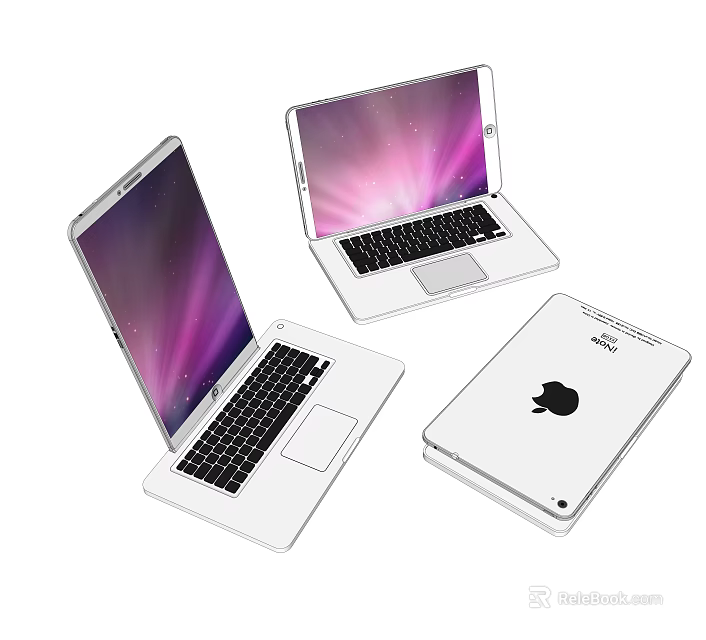 Apple Laptops And Tablet With Open Closed Status And Purple Gradient Screen 3d model