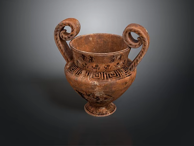 Ancient Ceramic Vase Sculpture With Curved Handles And Intricate Carved Patterns 3d model