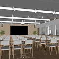 Modern Conference Room with Wooden Walls Projector Screen Rows of Chairs Large Windows and Plants