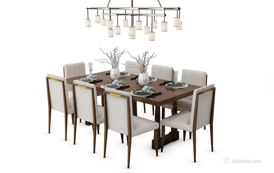 Modern Dining Table Set Featuring Wooden Table Upholstered Chairs Tableware Vases And Pendant Lights 3d model