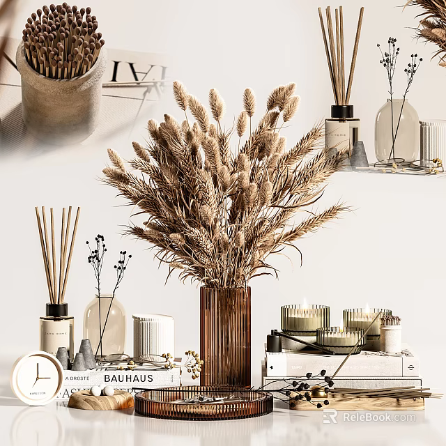 Decorative Ornament Set With Dried Wheat Bouquet Reed Diffuser Bottles Candles Clock And Books 3d model 