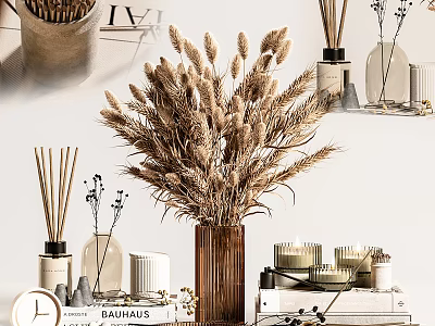 Decorative Ornament Set With Dried Wheat Bouquet Reed Diffuser Bottles Candles Clock And Books 3d model