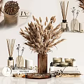 Decorative Ornament Set With Dried Wheat Bouquet Reed Diffuser Bottles Candles Clock And Books
