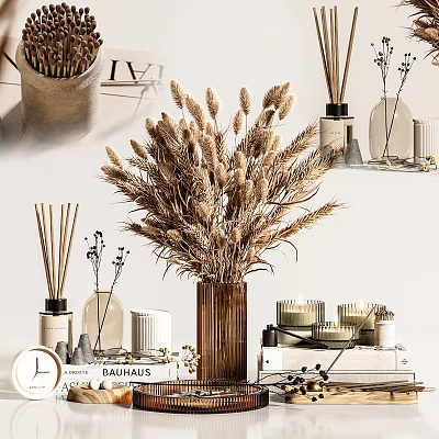 Decorative Ornament Set With Dried Wheat Bouquet Reed Diffuser Bottles Candles Clock And Books 3d model