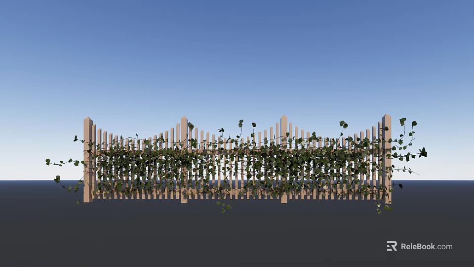 Outdoor Wooden Fence Decorated With Lush Green Vines Under Clear Blue Sky 3d model 