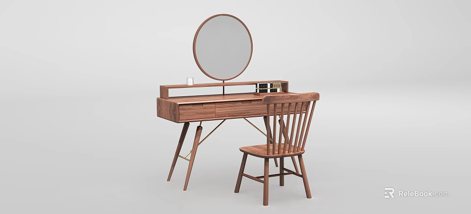 Wooden Dressing Table with Round Mirror Matching Chair and Drawers in Simple Design 3d model 
