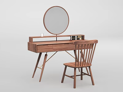 Wooden Dressing Table with Round Mirror Matching Chair and Drawers in Simple Design 3d model