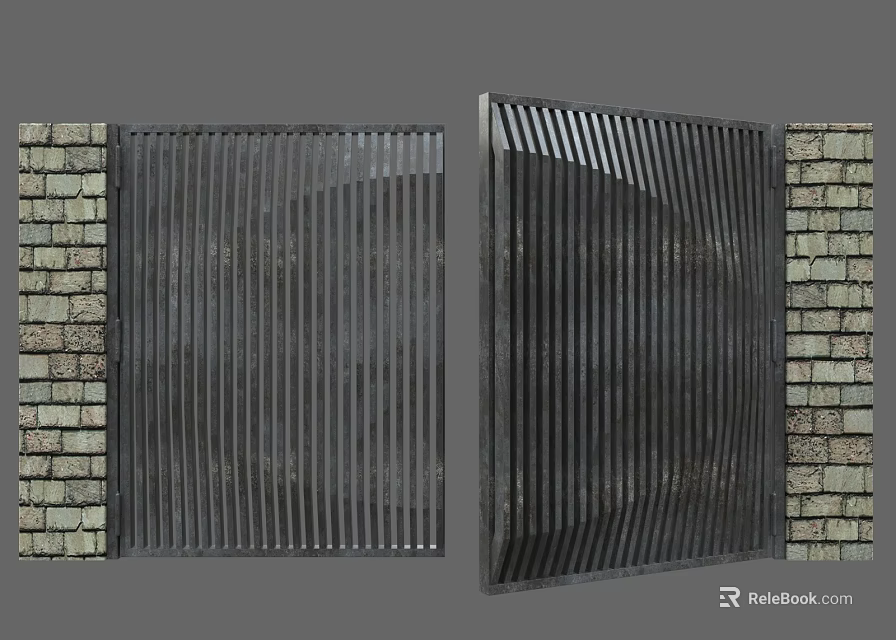 Modern Metal Gate With Vertical Striped Design And Brick Wall Background 3d model