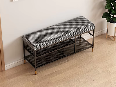 Modern Sofa Bench With Black White Checkered Seat Metal Frame Mesh Shelf Gold Legs 3d model
