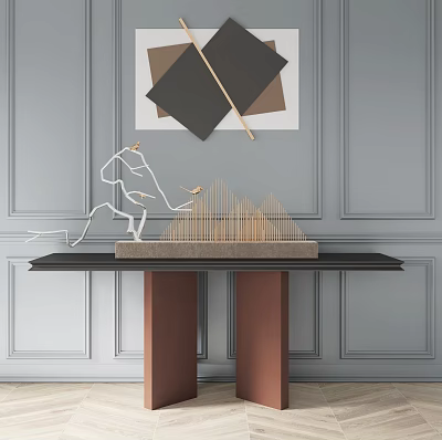 Modern Console Table With Sculpture Geometric Ornament On Gray Wall Paneling 3d model