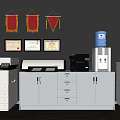 Essential Office Appliances Including Printers Water Dispensers And Storage Cabinets