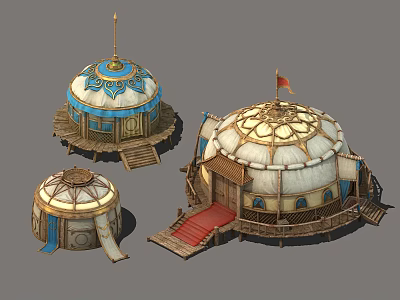 Traditional Decorative Yurt Structures In Various Sizes With Colorful Patterns Red Steps And Flags 3d model