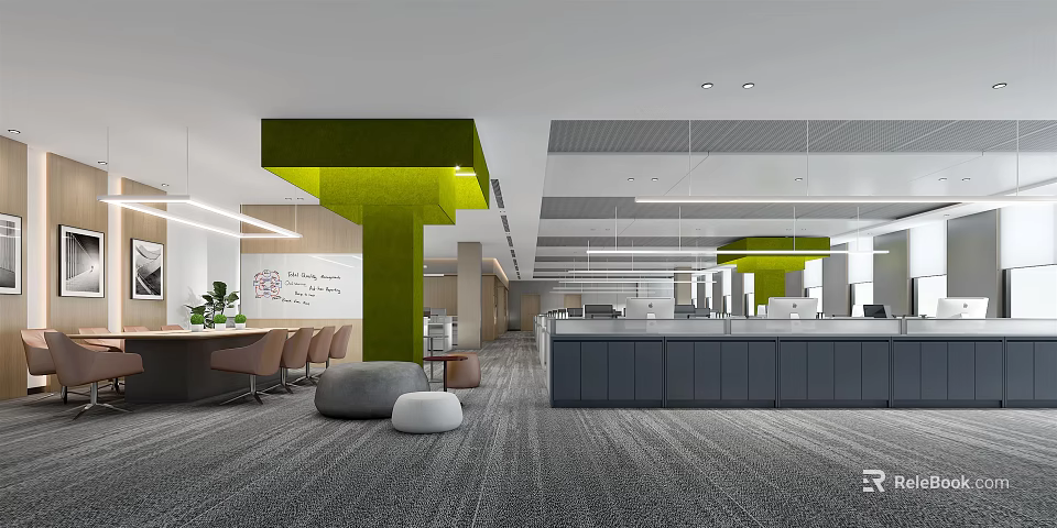 Modern Public Office Space With Open Layout Green Columns Gray Carpet And Office Furniture 3d model 
