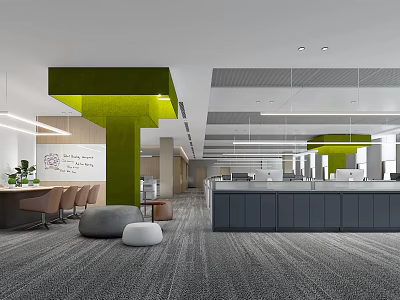 Modern Public Office Space With Open Layout Green Columns Gray Carpet And Office Furniture 3d model