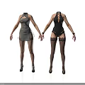 Two Women in Fashionable Outfits with Gray Dress Black Lingerie Stockings and Heels