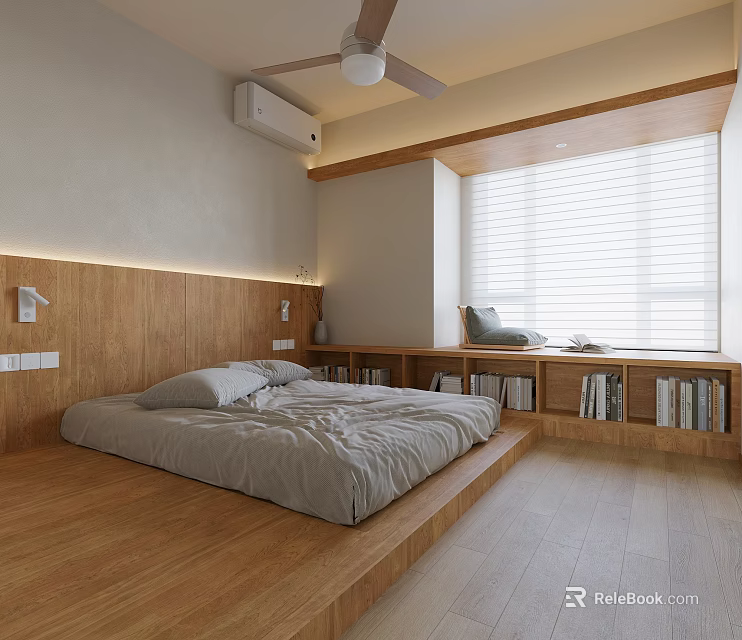Minimalist Tatami Bedroom Interior Design With Raised Platform Bed And Wooden Bookshelves 3d model 