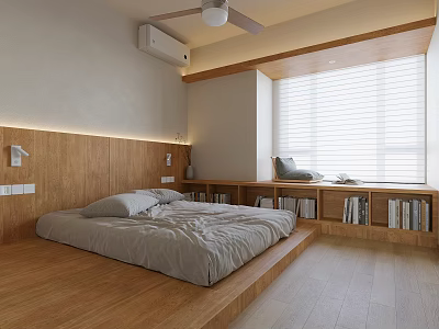Minimalist Tatami Bedroom Interior Design With Raised Platform Bed And Wooden Bookshelves 3d model