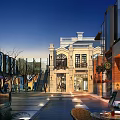 Charming Classical Architecture Commercial Street With Outdoor Seating Green Plants And Pedestrians Under Blue Sky