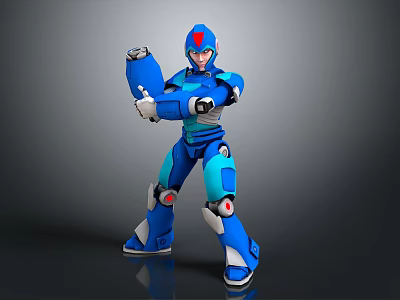 Blue Armored Game Movie Character in Mechanical Action Pose with Red Accents 3d model