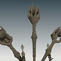 Metal Garden Ornament With Crossed Clawed Hands Holding Spheres And Sword Shaped Decorations