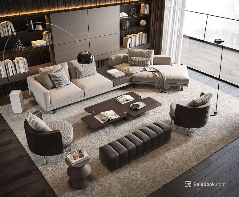 Modern Living Room Sofa Coffee Table Set With Throw Pillows Armchairs And Area Rug 3d model 