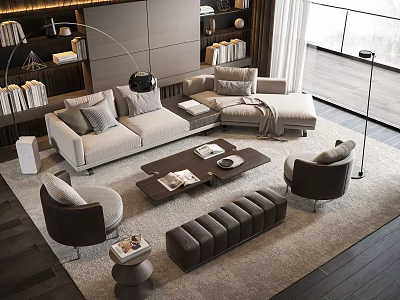 Modern Living Room Sofa Coffee Table Set With Throw Pillows Armchairs And Area Rug 3d model