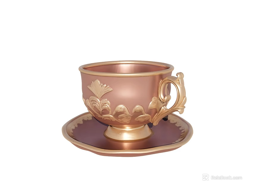 Elegant Copper Teacup With Gold Accents And Intricate Floral Saucer Design 3d model 