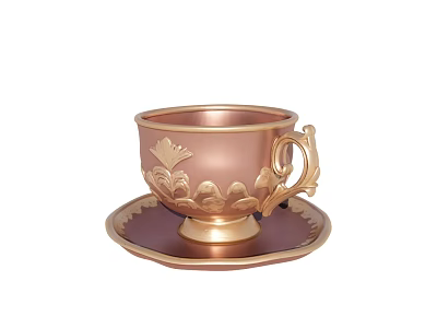 Elegant Copper Teacup With Gold Accents And Intricate Floral Saucer Design 3d model