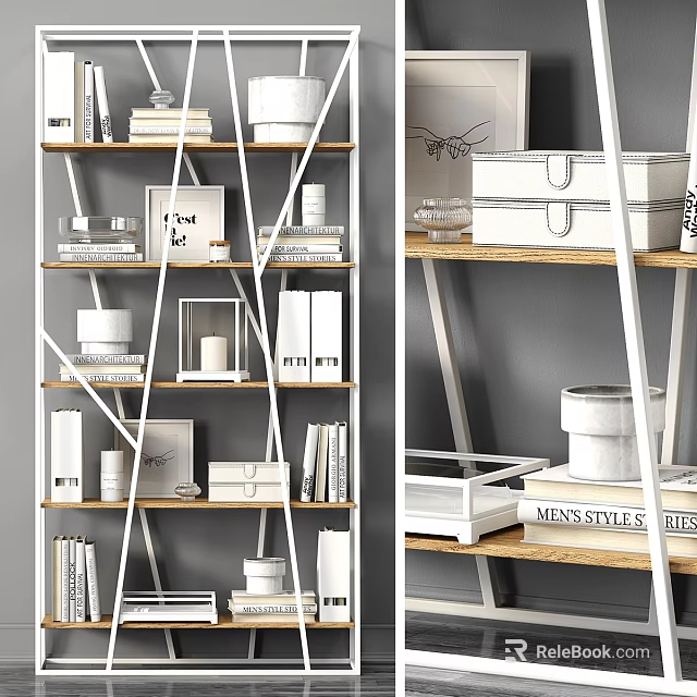 Modern Multilayer Shelving Unit with Metal Frame Wooden Shelves Books Picture Frames and Decorative Boxes 3d model 