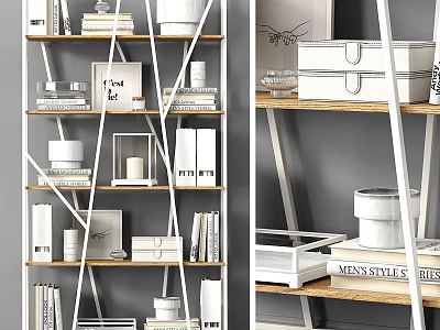 Modern Multilayer Shelving Unit with Metal Frame Wooden Shelves Books Picture Frames and Decorative Boxes 3d model