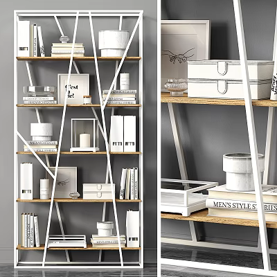Modern Multilayer Shelving Unit with Metal Frame Wooden Shelves Books Picture Frames and Decorative Boxes 3d model