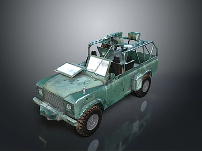 Old Green Military Tank With Weathered Exterior And Roof Mounted Equipment On Reflective Surface 3d model