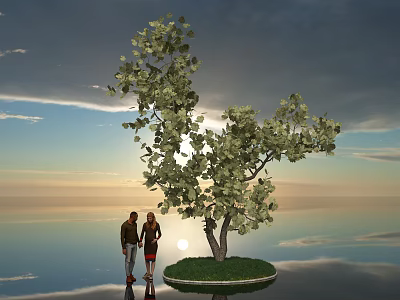 Lush Tree On Circular Island With Green Grass Two People And Sunset Over Water 3d model