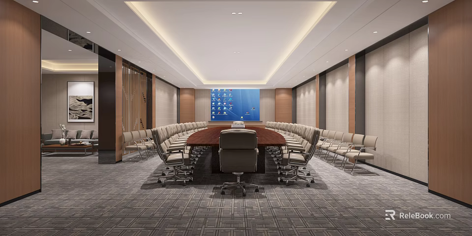 Modern Conference Room Interior With Round Table Multiple Chairs And Blue Backdrop Wall 3d model 